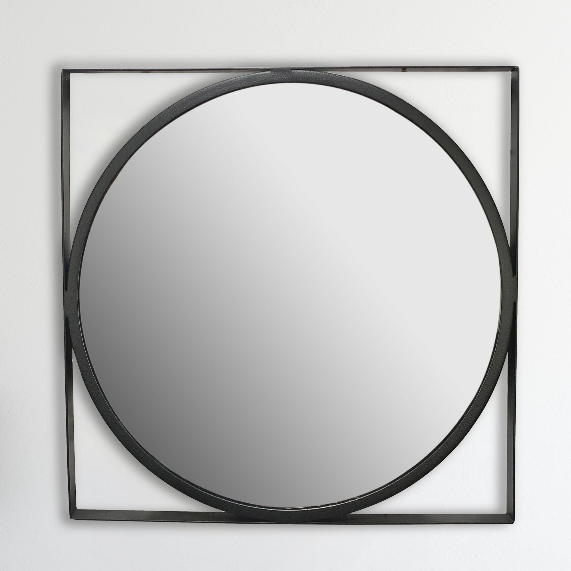 Wohnling Specchio da parete, 54 x 54 cm, design in metallo, nero, in ferro, rotondo, con cornice quadrata, piccolo specchio da parete