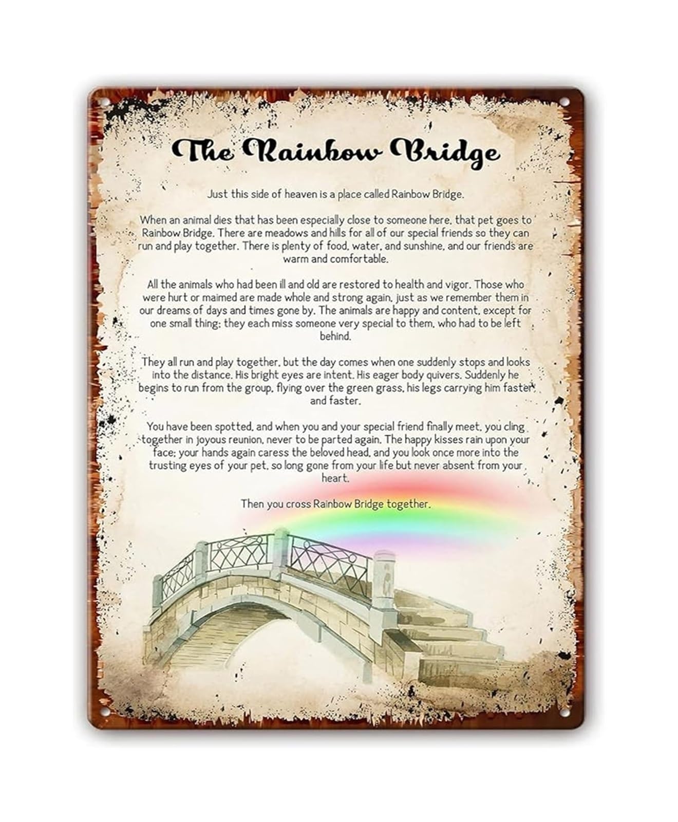 NWPNLXEA Pet Sympathy Gift Rainbow Bridge Poem Memorial Metal Sign Comforting Quote Wall Plaque 8 X 12 in