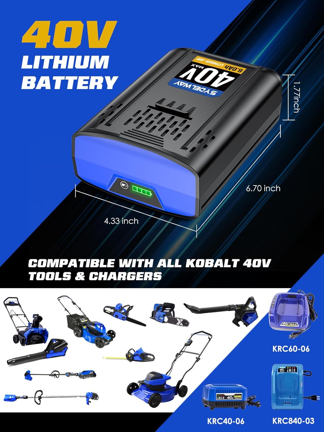 40V 6.0Ah Replacement for Kobalt 40V Battery MAX KM 2041B-06, KPM1040A-03, KM-1640-06, KM 4040-06, Fit for Kobalt Battery Charger (Blue)
