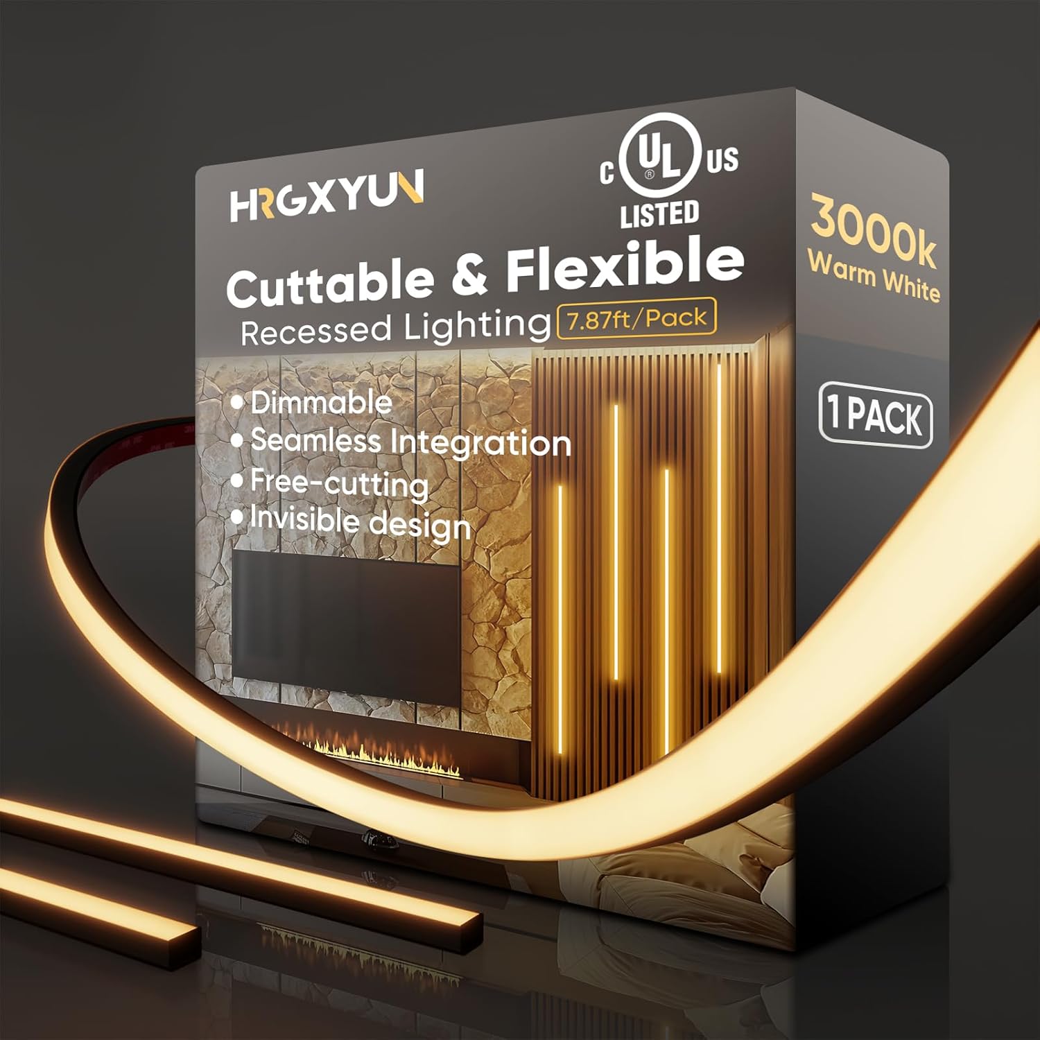 Non-Dimmable LED Recessed Light Kit - Flexible & Cuttable 3000K Warm White, No Power Supply Included, Self-Adhesive Strip for Wood Slat Walls, Accent & Acoustic Panels (7.87ft),24V,UL Listed