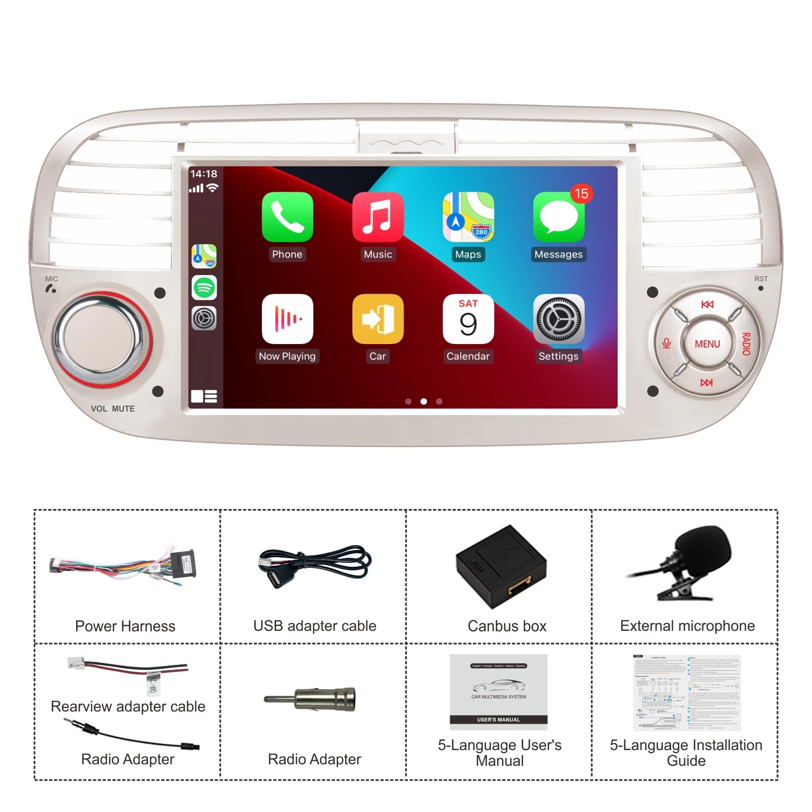 Radio de Coche Doble DIN Compatible con CarPlay Inalámbrico Android para Fiat 500 2007-2015 Pulgadas IPS Radio Bluetooth/FM/Am/USB/EQ