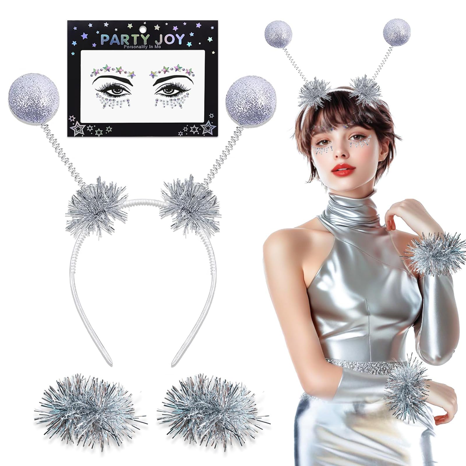 ZcrPrn Alien Headband, Space Theme Party Costume Set with Silver Headband and Alien Accessories for Adults Women, Aliens Cosplay Outfit for Halloween Carnival Dress-Up Parties