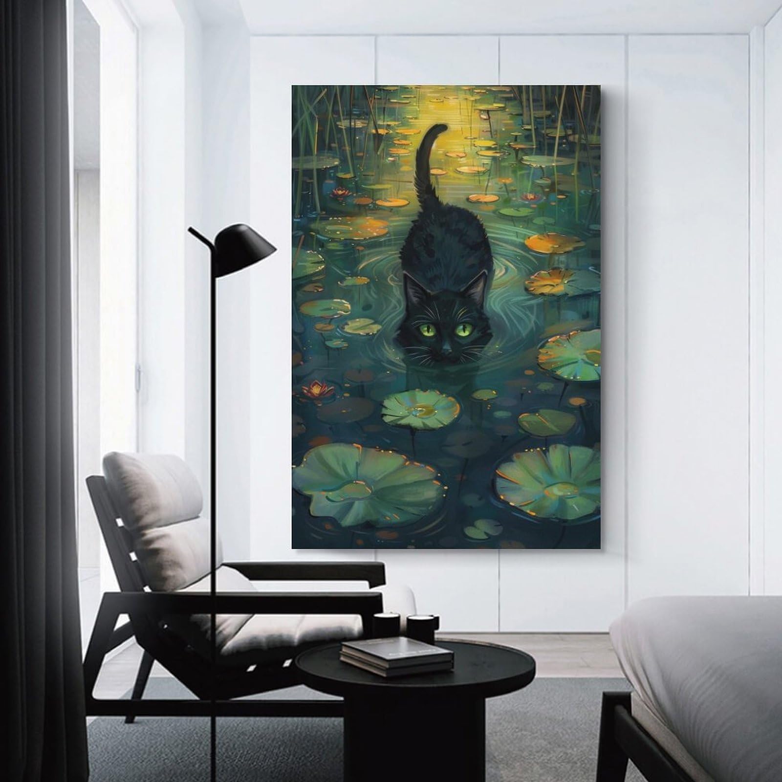 Junmoney Unframe-Style-9-1 Canvas Wall Art Black Cat In A Lake, 16X24inch(40X60cm), For New Homes, Bedrooms Or Workspaces, Canvas Artwork With Gifting Potential