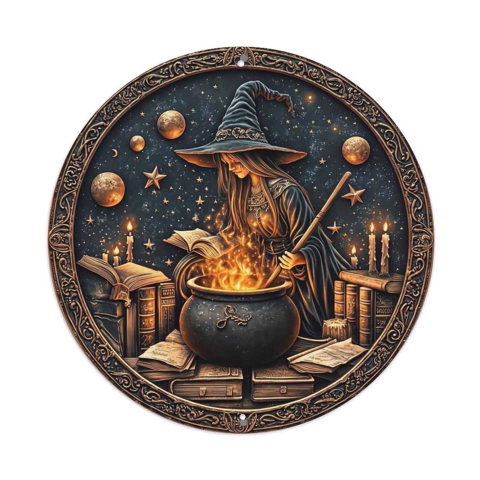 Witch Cauldron Stars Books Magic Round Metal Tin Sign Vintage Wall Decor, Bar Garage Cafe Kitchen Home Wall Art Poster 8x8inches