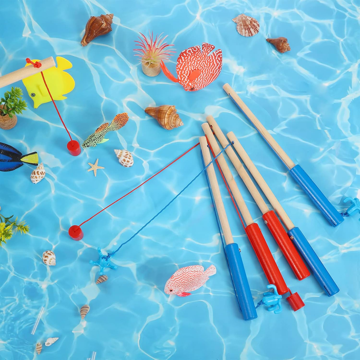 Sumind 6 Pcs Magnetic Fishing Pole Wooden Magnetic Fishing Rods with Magnet Hooks Christmas Game Toy Gifts for Birthday Party(Red, Blue,Column, Hook)