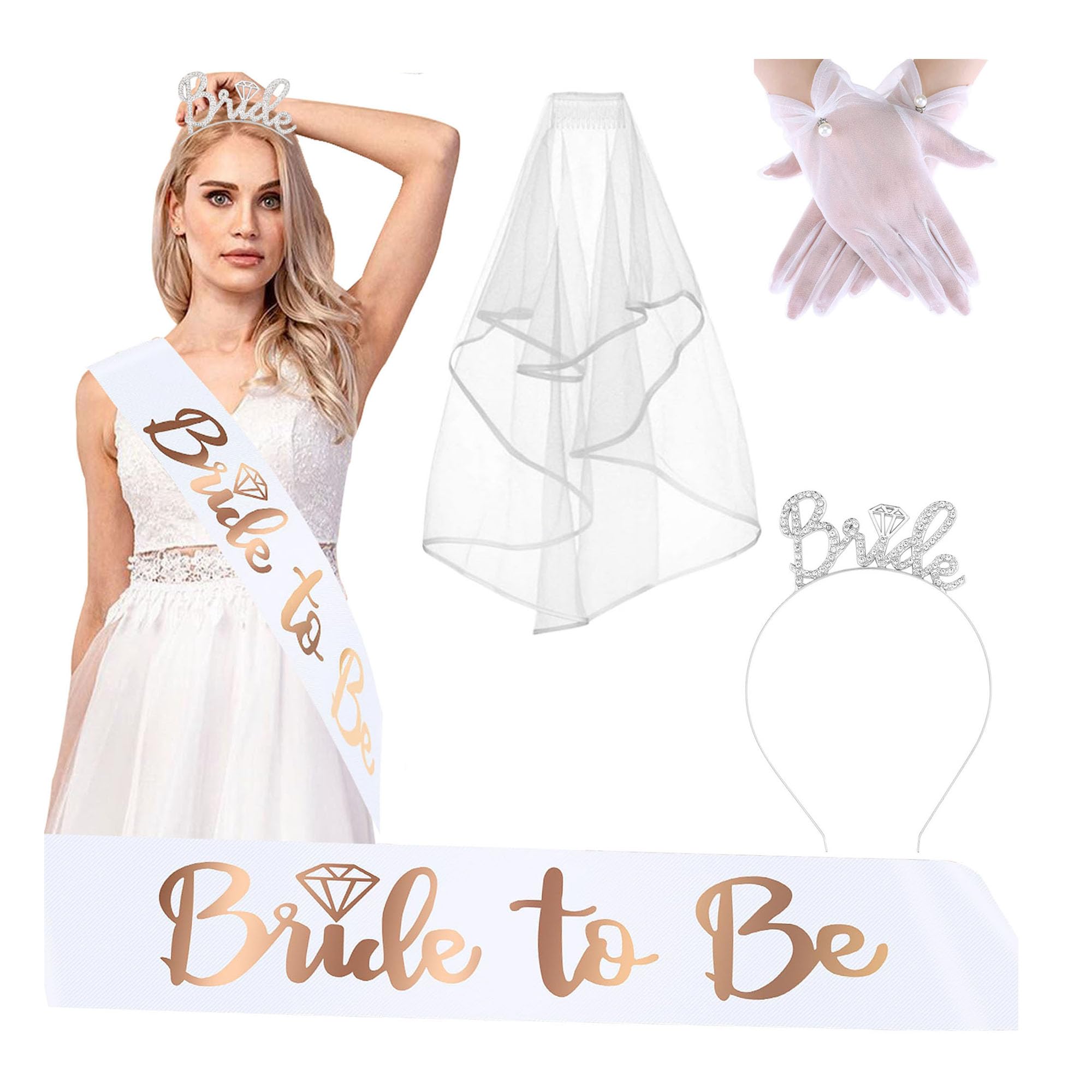 AOREAS White Short Wedding Veil Pearl Rhinestone Bride Veils Bridal Veils Bachelorette Party Veil for Brides and Women