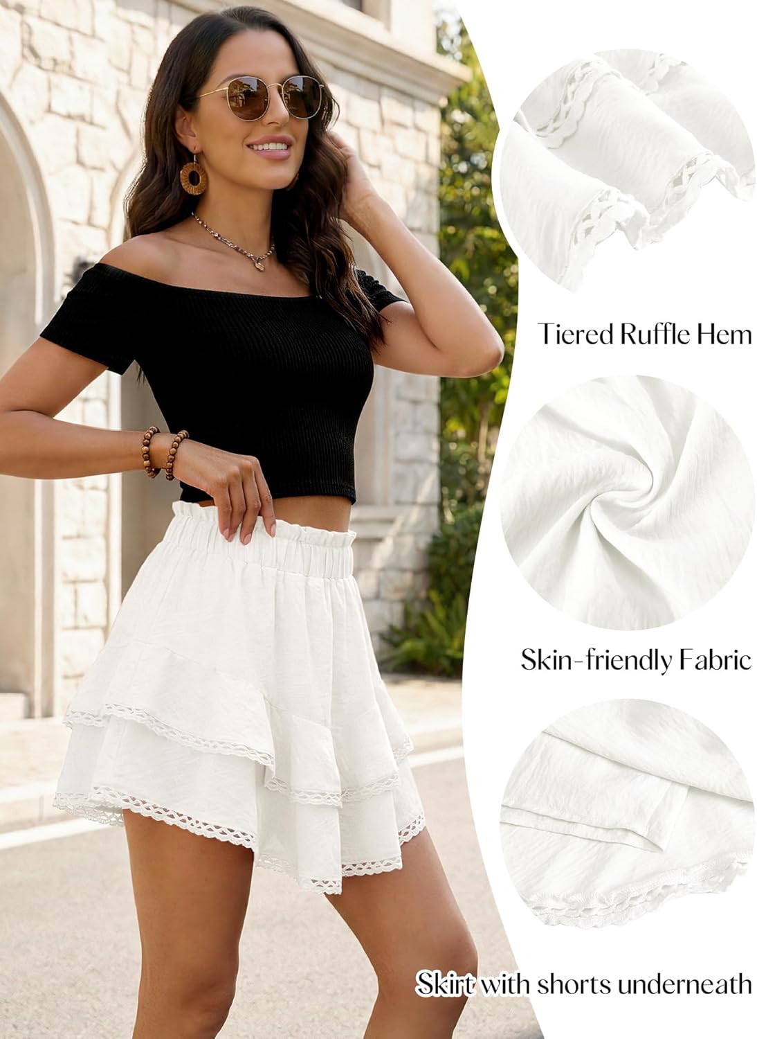 Flowy Shorts for Women Boho Ruffle Skorts High Waist Casual Tiered Mini Skirt Lace Summer Golf Tennis Skorts