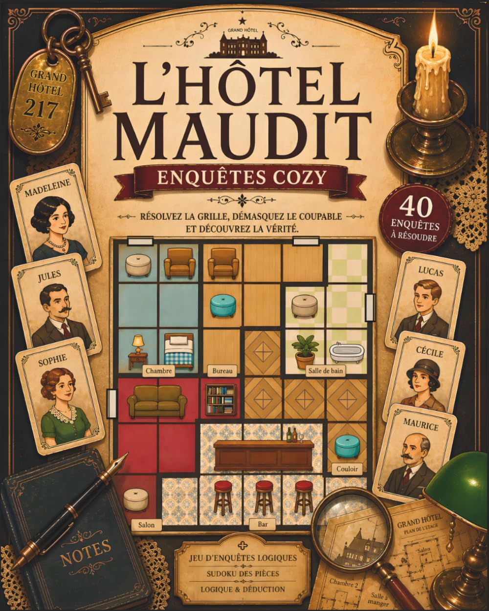 L’Hôtel Maudit – Enquêtes Cozy: Jeu de déduction et de logique pour adultes | Sudoku des pièces | 40 énigmes à résoudre (difficulté croissante)