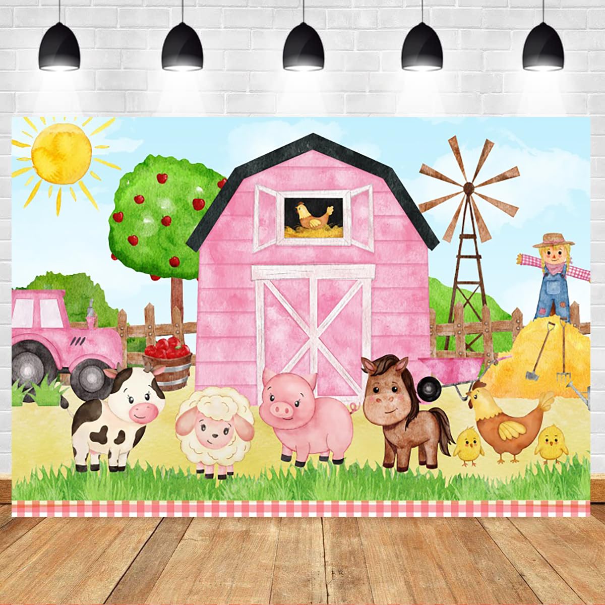 Rosa Bauernhof-Hintergrund 3x2,4 M – Cartoon-Tiere, Scheune, Für Babyparty, Geburtstag & Fotografie