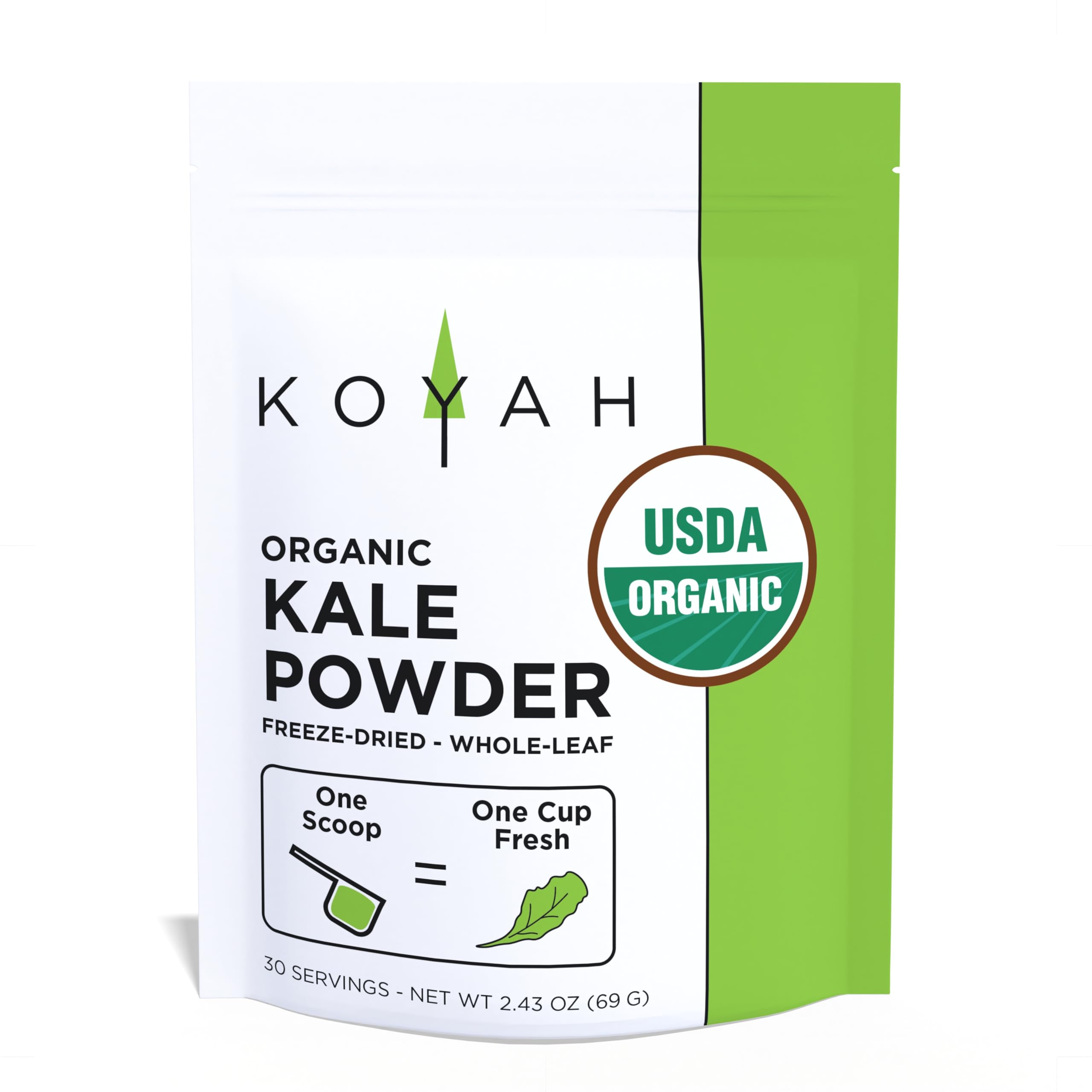 KOYAH - Organic USA Grown Kale Powder (Equivalent to 30 Cups Fresh): Whole-Leaf Powder, 100% Freeze-dried