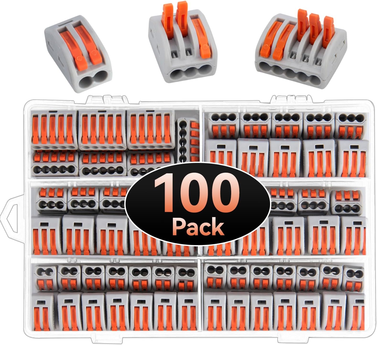 Compact Wire Connectors, Preciva 100pcs Splicing Connector, Lever Nut Assortment Conductor, Electrical Cable Blocks with 50pcs Clamps for 3-Port, 40pcs for 2-Port, 10pcs for 5-Port