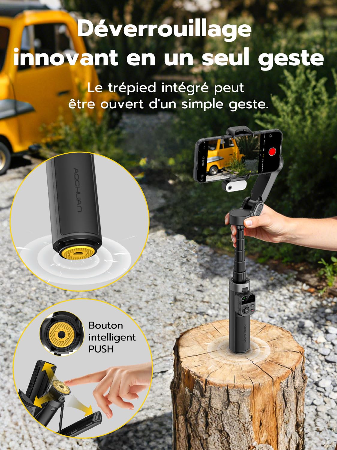 AOCHUAN Stabilisateur de cardan pour iPhone, Module de Suivi IA et éclairage d'appoint, stabilisation 3 Axes avec télécommande magnétique, Fixation trépied en Un clic, rallonge intégrée, Smart X3 AI