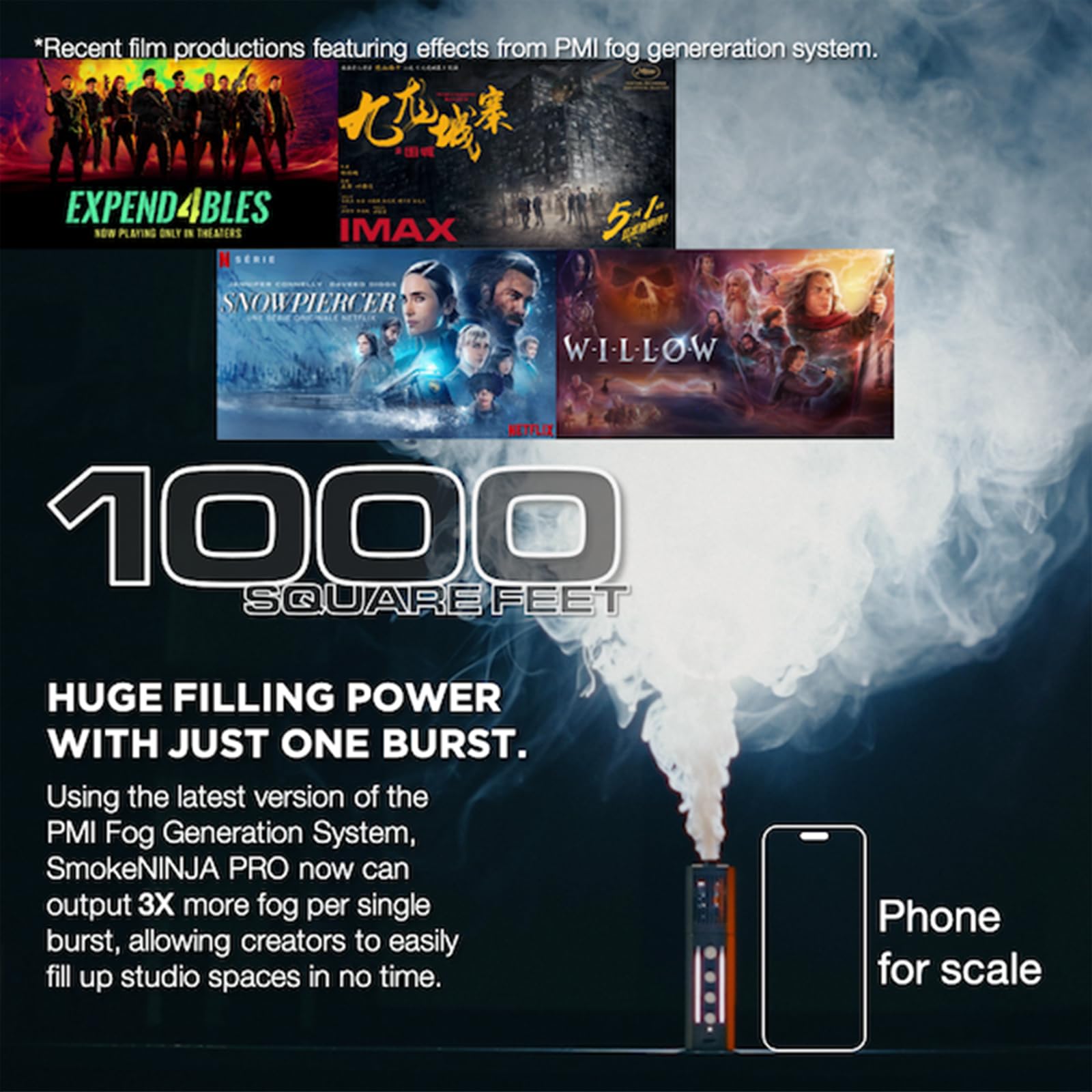 PMI SmokeNINJA PRO KIT Machine à brouillard portable avec temps d'éclatement prolongé, contrôle USB-C, effets de brouillard supérieur, vapeur et glace sèche pour utilisation en studio et événement