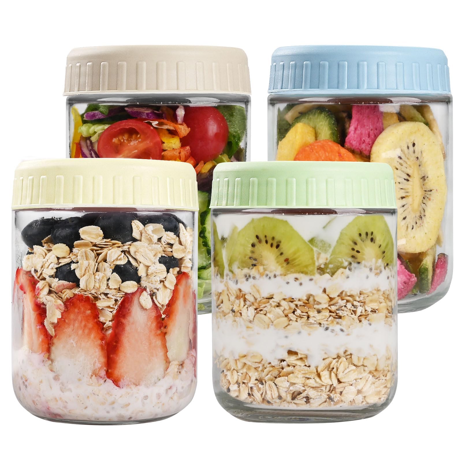 KINLINK Overnight Oats Containers with Lids, 450ml Soft Color Glass Jars with Lids 4 pcs, Oatmeal Salad Jars for Salad Yogurt Snacks Fruit