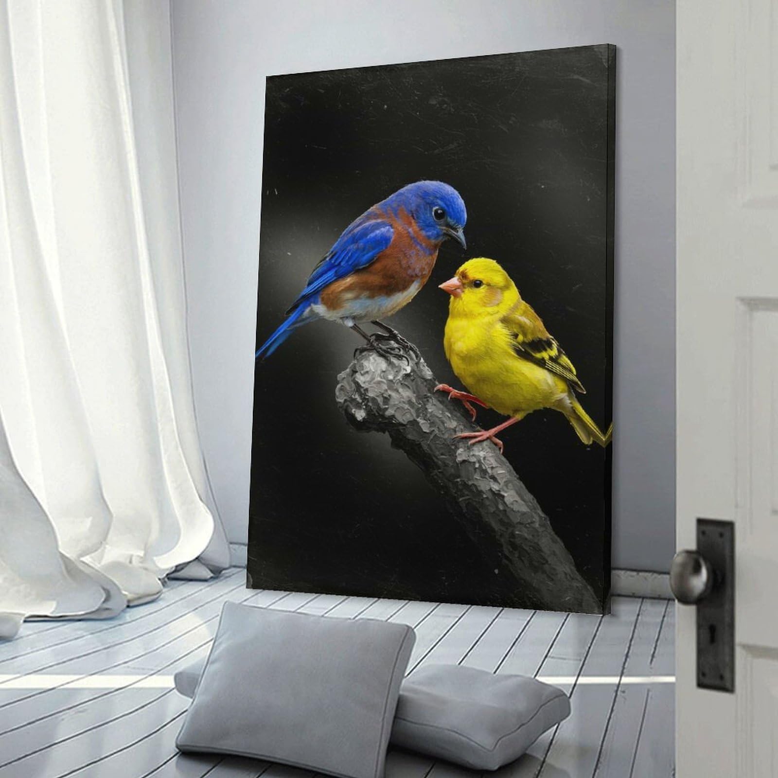Junmoney Frame-Style-13 Bluebird And Yellow Bird On Branch Room Decor Wall Art 24X36inch(60X90cm), For Entrance Walls, Hall Decor Or Foyers, A Neat Decor Update For Hallways