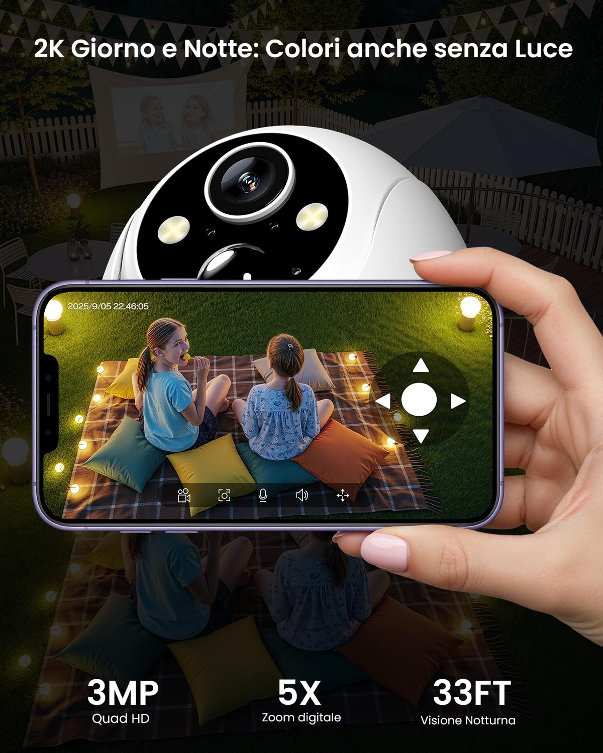 YESKANO 2K Telecamera Wi-Fi Esterno con Pannello Solare e Batteria, Videocamera Sorveglianza Esterno Senza Fili, Visione Notturna a Colori, Rilevamento IA, Supporta 2,4GHz e Alexa, 360°PTZ, IP66