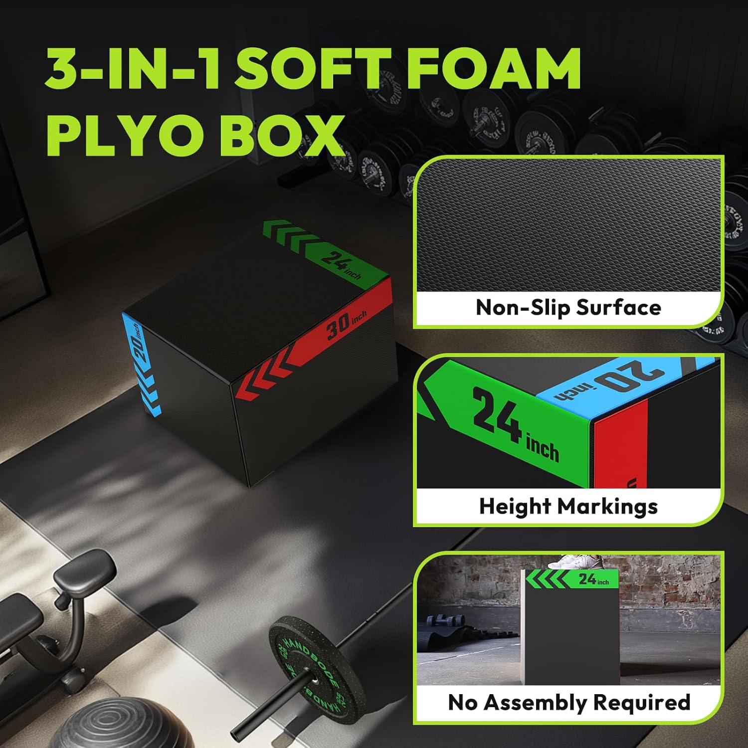 HANDBODE 3-in-1 Plyo Box – Plyometric Jump Box with Durable High-Density Foam Core and Non-Slip Surface for Box Jumps, Squats, and Home Gym Workouts