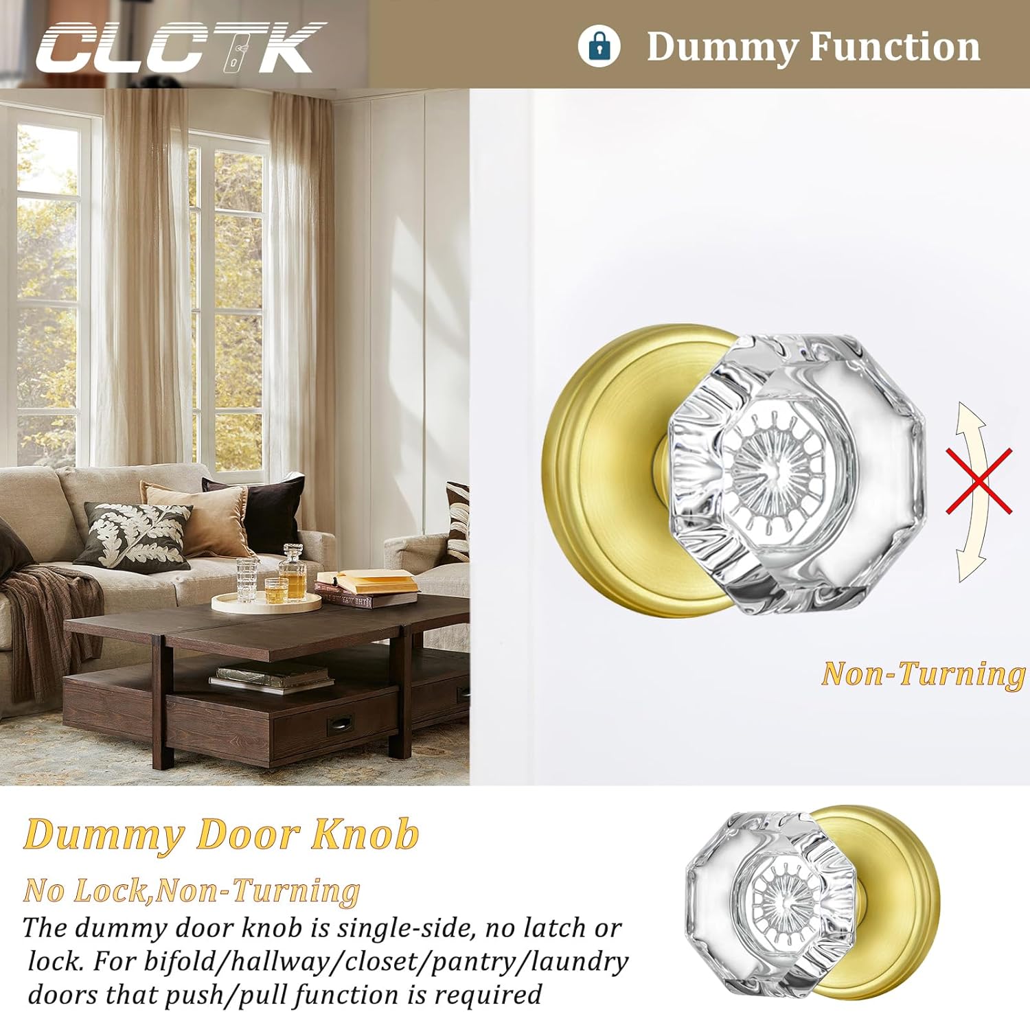 2 Pack Gold Dummy Door Knobs Interior, Non Turning Crystal Glass Dummy Door Knobs for Hall Closet Bifold, Satin Brass Finish