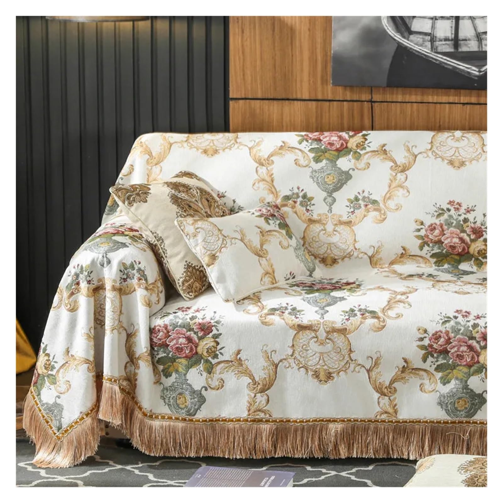 GCYEIDMA Vintage Sofa Cover Sofa Couch Cover 1/2/3/4 Seater Tassels Sectional Towel Throw Floral Recliner Slip Covers(Color1,3 Seater-180x300cm)