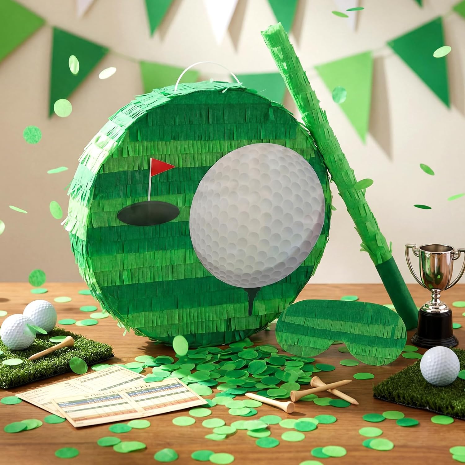 Golf Ball Piñata Set with Blindfold Stick and Confetti Golf Piñata Party Decorations for Birthday Sports Theme Party Favors, 13 x 13 x 2.8 Inch