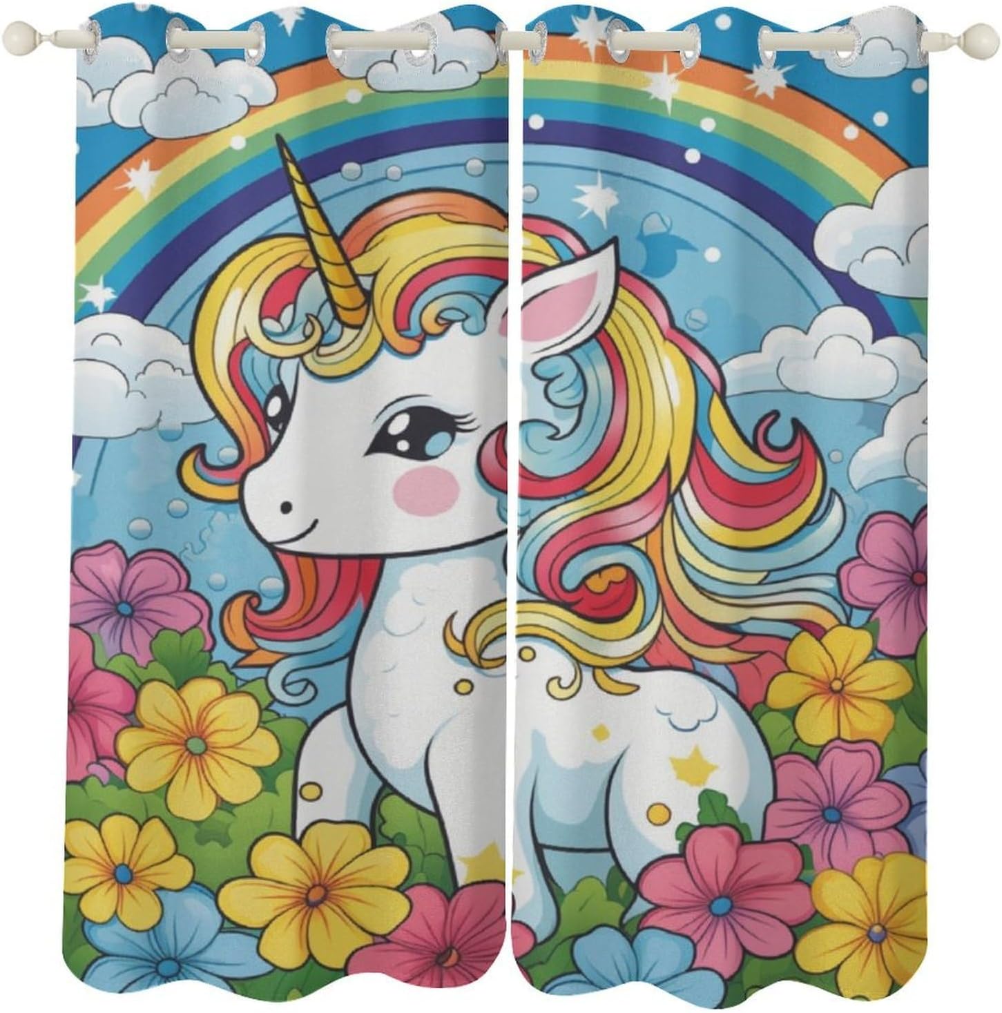 Kids Colorful Flowers Curtains, Cartoon Rainbow Raindrop Floral Pattern Bohemian Style Children Window Treatment, Decor Grommet Drapes for Bedroom & Living Room, 42x45 Inch 2 Panels