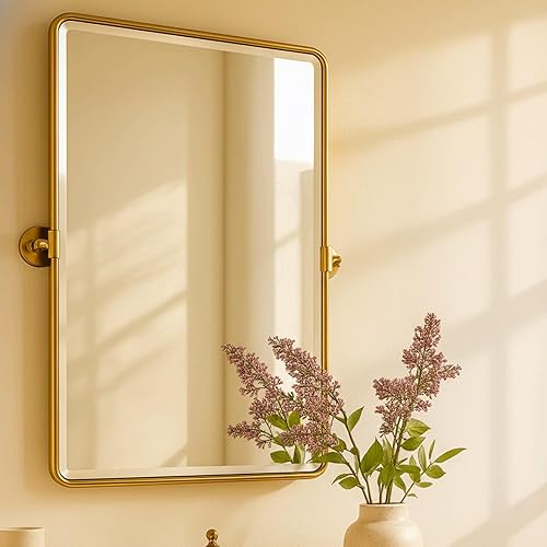Miniatura 6 de TEHOME Espejo rectangular giratorio de 20 x 30 pulgadas, espejo de tocador de baño dorado cepillado con esquina redondeada con marco de metal,
