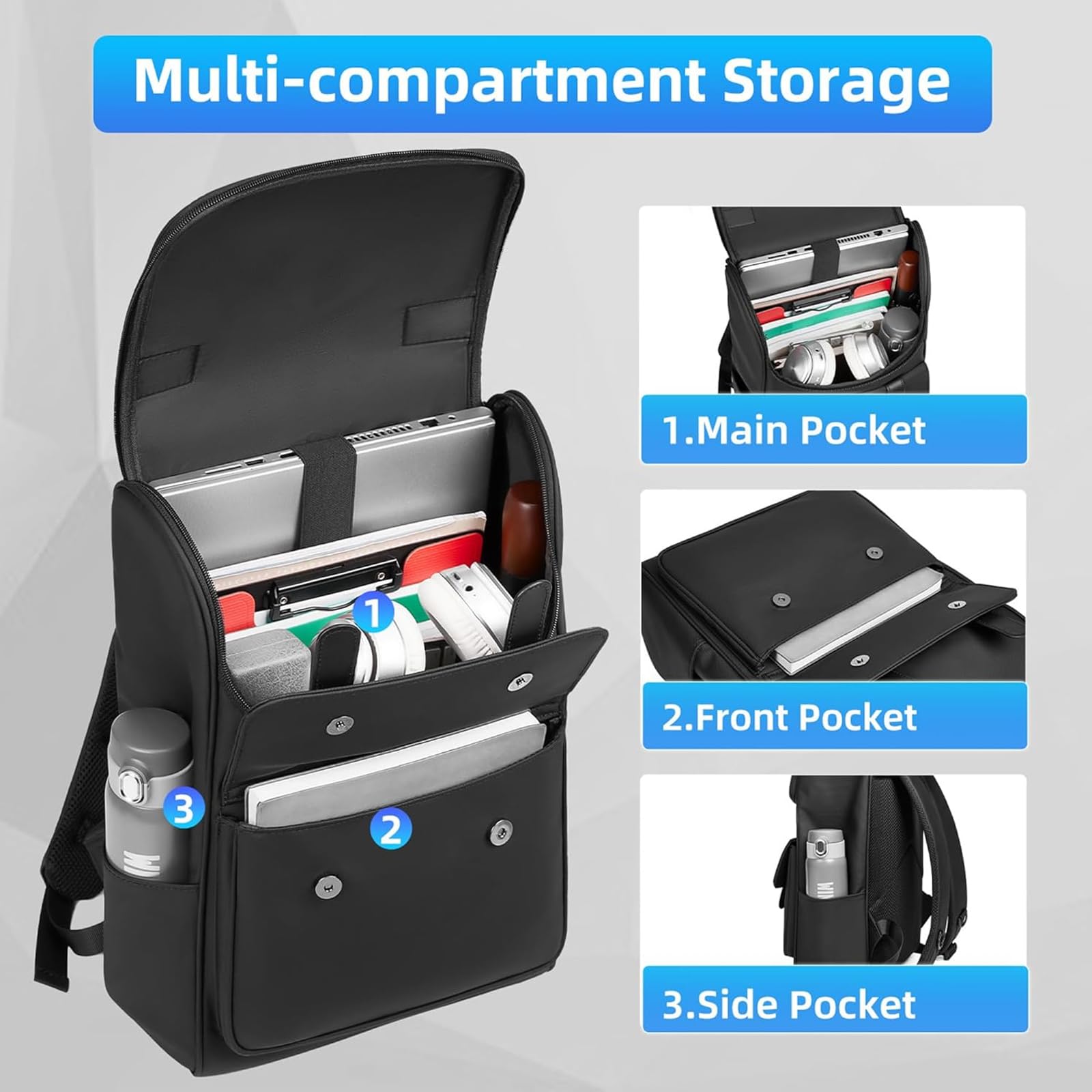 Sac a Dos Homme d'Affaire Ordinateur 15.6 Pouces Sac a Dos Femme Elegant Imperméable pour Collège Travail Voyage-Noir