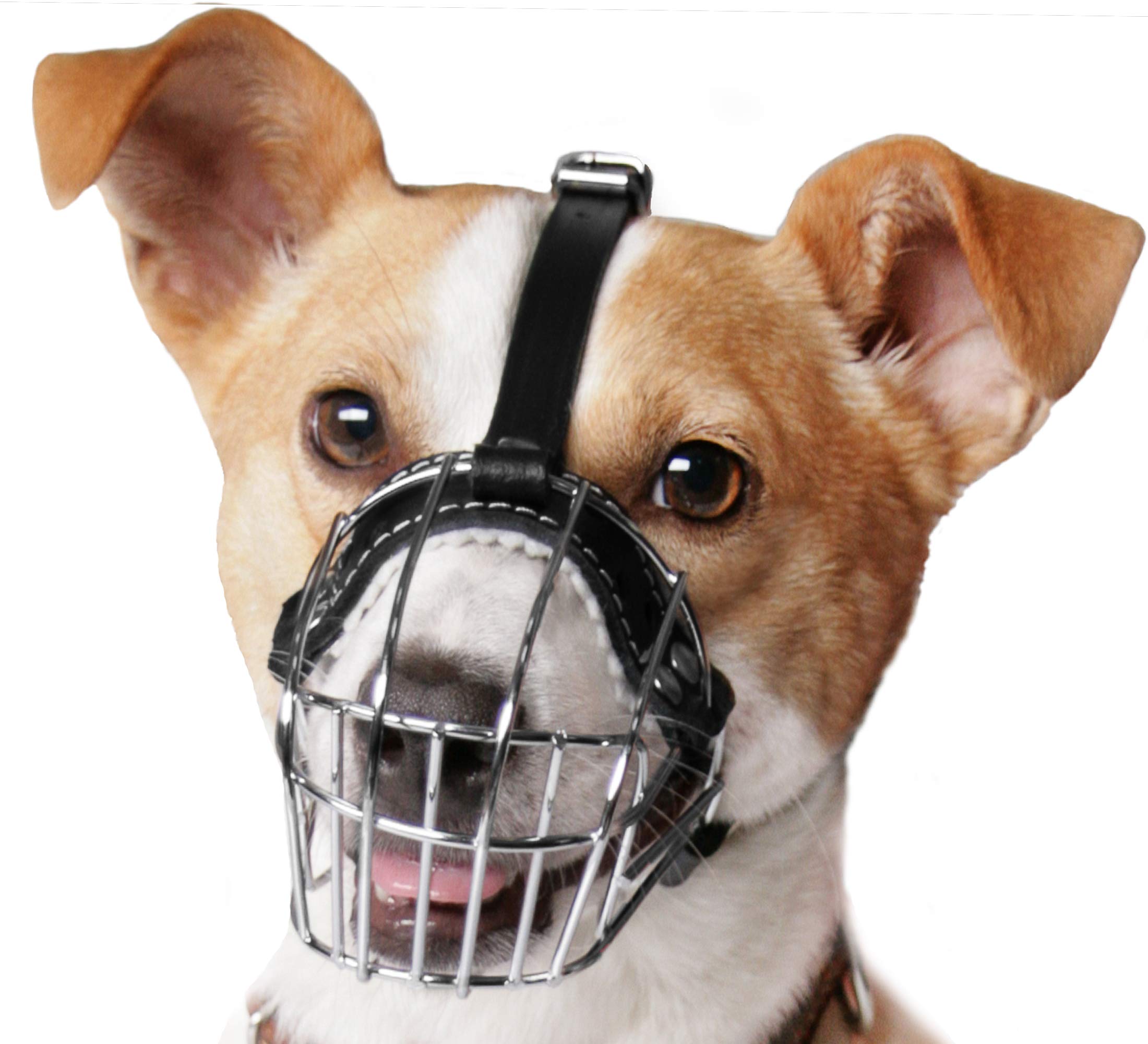Bozales de Metal Cromado para Perros, Correas de Cuero Ajustables (№1) La Circunferencia es de 16,8-19,8 cm, la Longitud es de 6,4-6,9 cm