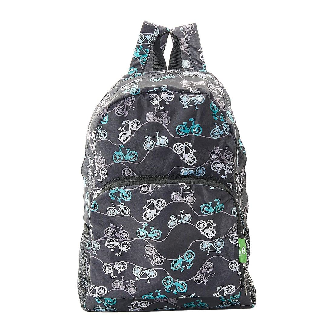 ECO CHIC Lightweight Foldable Water Resistant Backpack Rucksack Folds into Pouch for Storage (Bike Black)