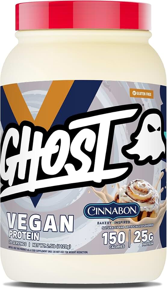 GHOST Vegan V2 Protein Powder, Cinnabon – 2.5LB Tub, 25G of Protein - Plant-Based Pea &amp; Organic Pumpkin Blend Protein with Fiber &amp; Iron ­- Flavored Post Workout Shakes - Soy &amp; Gluten Free