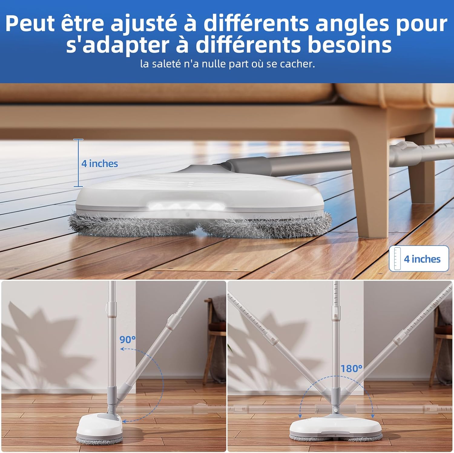 Images demonstrating the Redkey M1 mop's adjustable angles for cleaning under furniture and at different heights