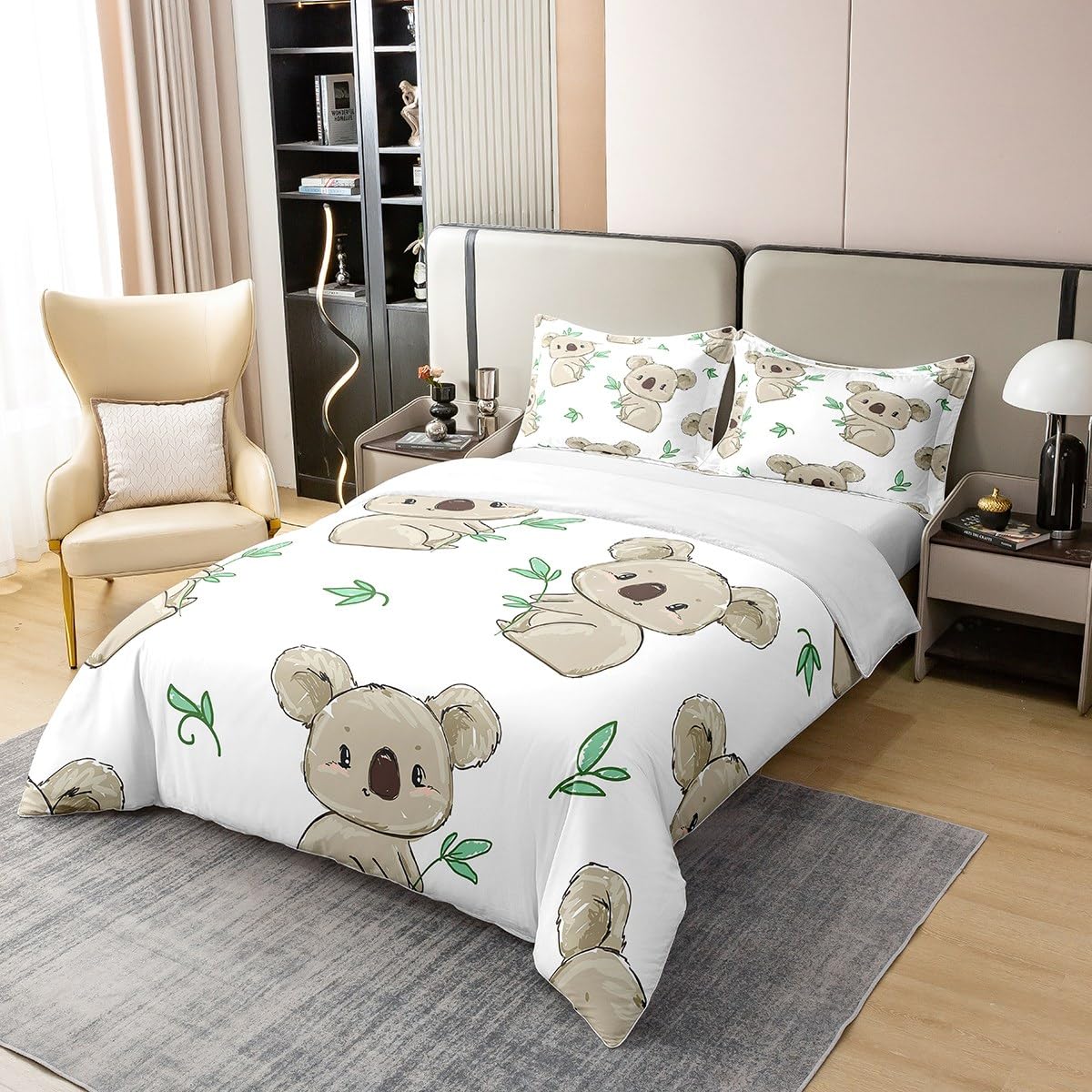 Koala 100% Cotton Duvet Cover Double Size Cute Koala Bedding 100% Cotton Set for Kids Boys Girls Teens Room Decor Cartoon Koala Comforter Cover Set Animal Bedspread Cover 3Pcs Zipper - Image 2