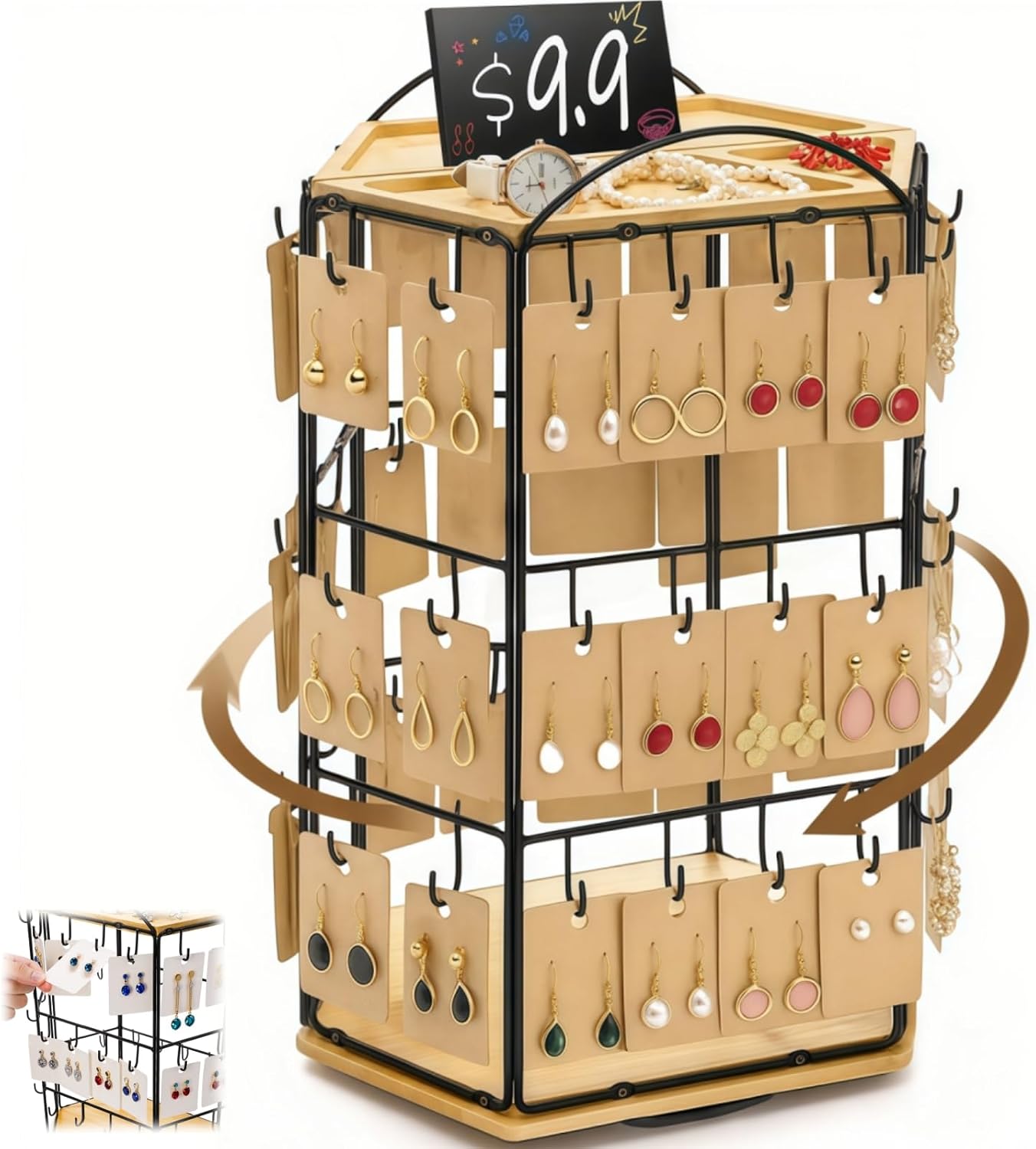 Rotating Earring Display Stand for Vendors, 48 Hooks Hexagon Bamboo Jewelry Holder, Large Capacity Jewelry Storage Showing Rack for Selling, Store, Home, Necklace Bracelet Keychain, 3 Tiers
