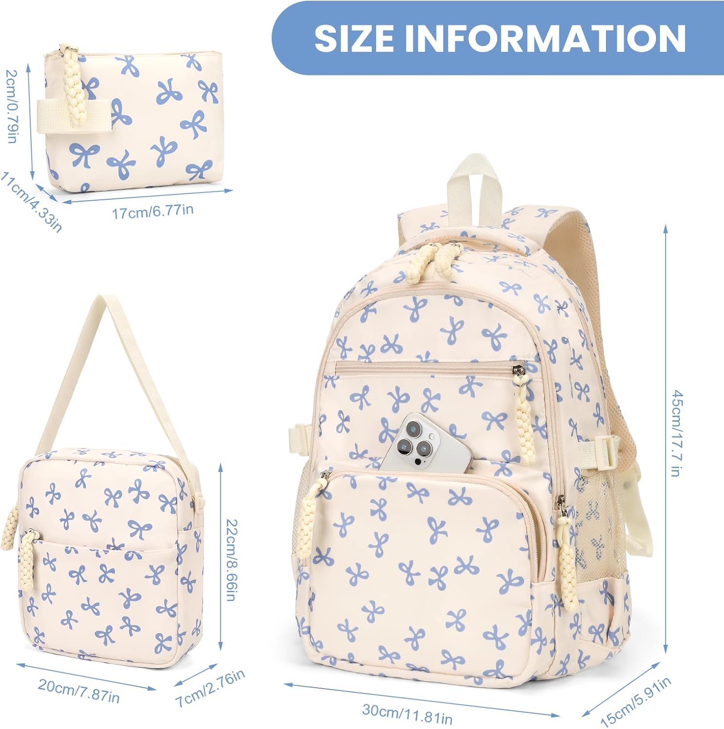 Bow Backpack for Women Coquette Aesthetic Nylon Rucksack Cute Kawaii Backpack 3Pcs Set With Bow Pattern - Image 7