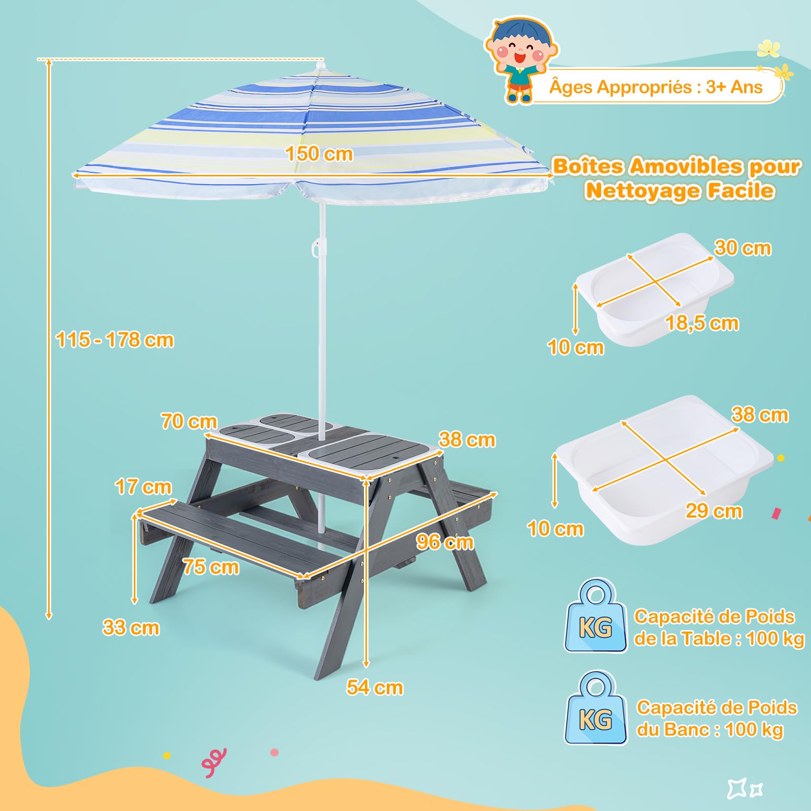 COSTWAY Table de Pique-Nique Enfants avec Parasol Réglable & 3 Bacs Amovible, Table de Jardin Extérieur en Sapin pour Sable et Eau, Charge 100kg pour Enfants de 3 Ans+ pour Jardin Terrasse