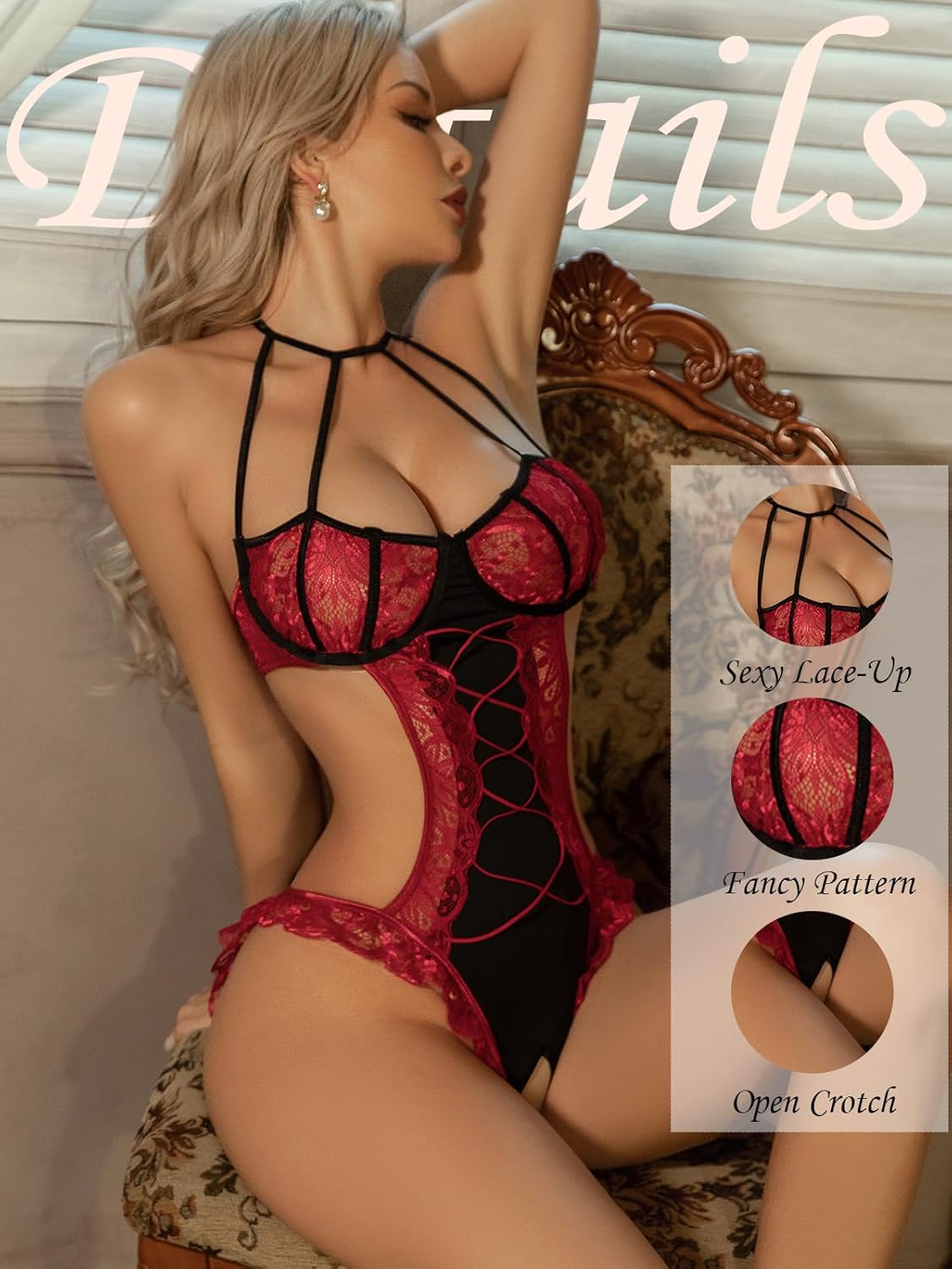 Sexy Lingerie Bodysuit For Women Lace Trim Body Suits Deep V Teddy Lingerie Sheer Bodysuit One Piece - Image 3