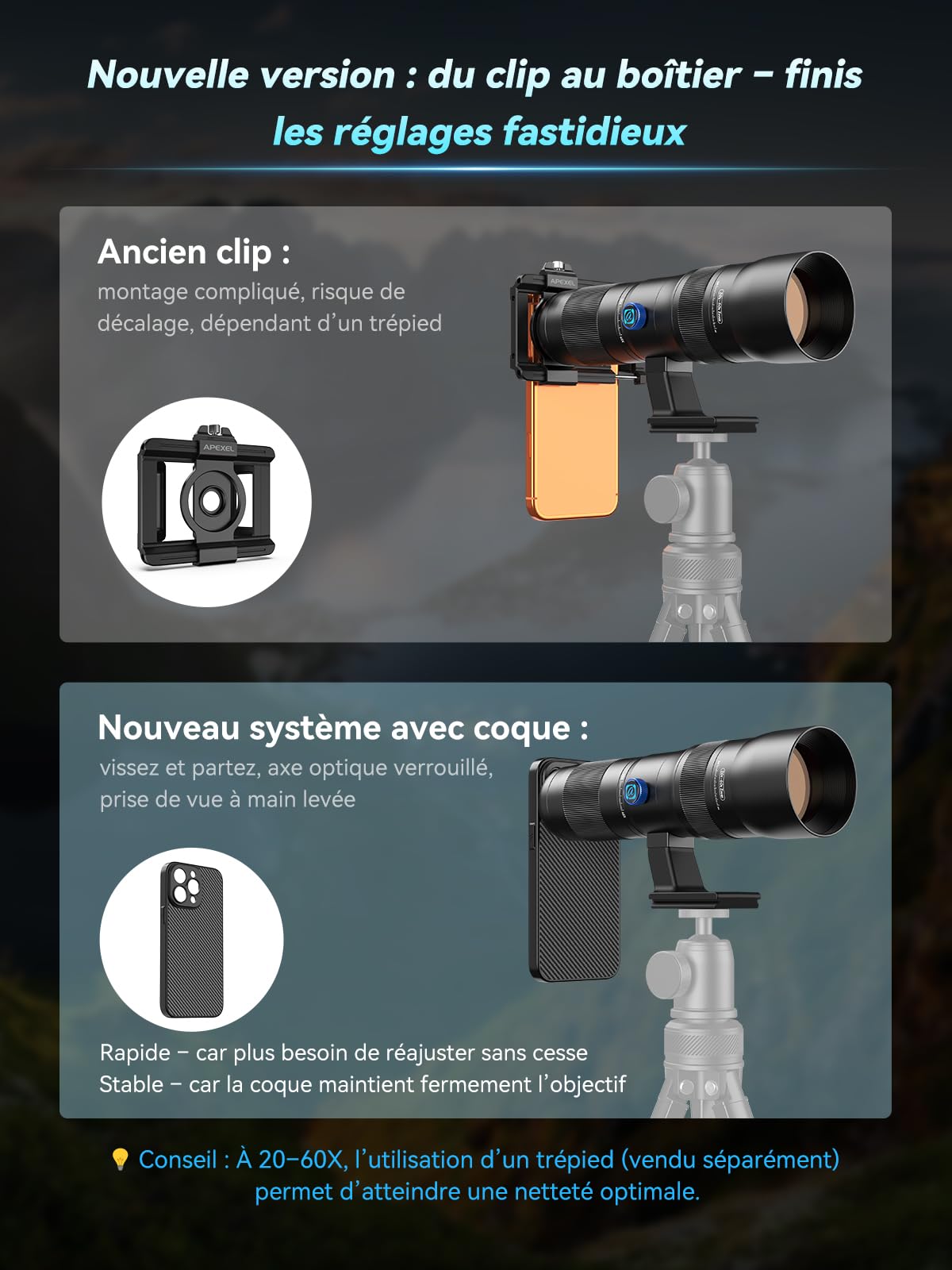 APEXEL Objectif Zoom 20-60x avec étui intégré pour iPhone 15 Pro Téléobjectif Pro Professionnel