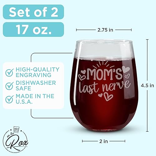 Miniatura 2 de On The Rox Drinks Regalos de vino para mamás Juego de 2 copas de vino sin tallo de 17 onzas Because Kids and Mom's Last Nerve, regalos divertidos