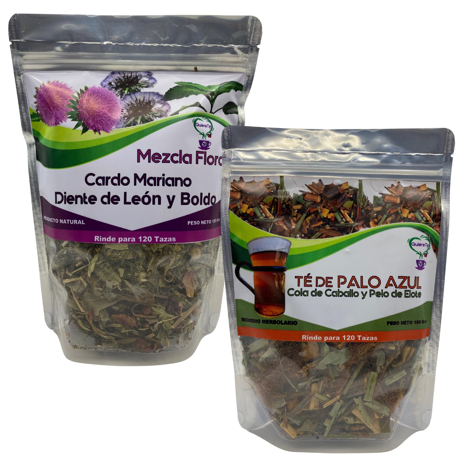 Combo Palo Azul and Cardo Mariano, Quiere Te, 5.3 oz (150 grams), Up to 200 Cups, Milk Thistle and Kidneywood, Resealable Bag, Product From Mexico, 100% Natural, Infusion Herbal, Combo 2 Bags