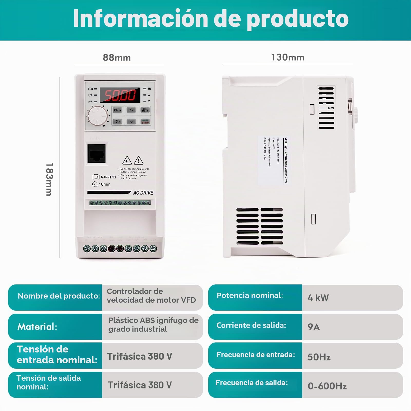 Variador de Frecuencia Trifasico 380V Controlador de Frecuencia Variable 4KW Inversor de Frecuencia Variable CNC Regulador de Velocidad Motor para Ventiladores, Cintas Transportadoras ZHB600-4KW