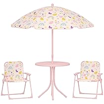 AIYAPLAY Set da Giardino 4 Pezzi per Bambini con Motivo a Farfalla e Arcobaleno e Tavolino Rotondo, 2 Sedie Pieghevoli e un Ombrellone, Tavolino con Sedie per Bimbi 2-5 Anni da Esterno, Rosa