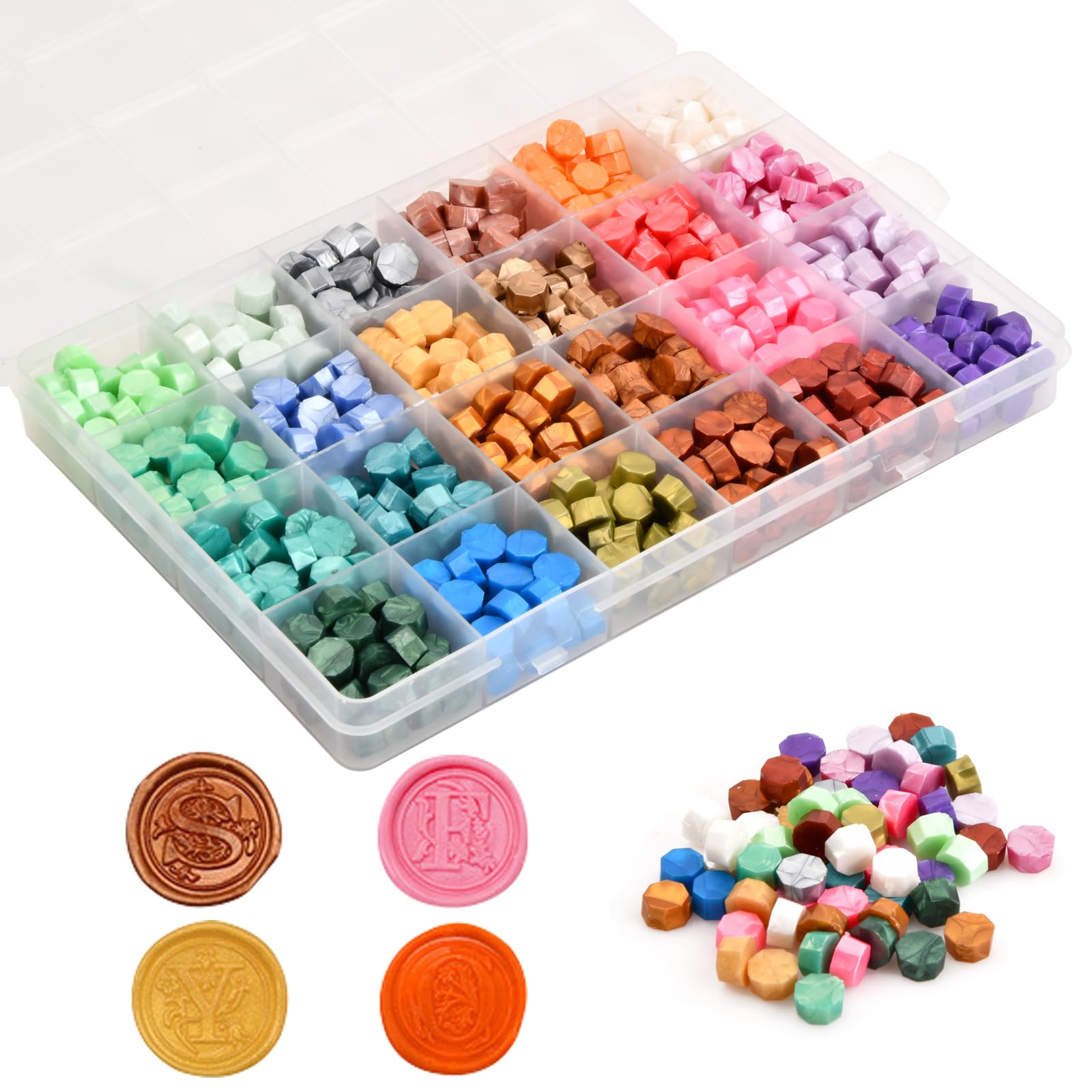 Kit de Perles de Cire à Cacheter Octogonale 600 Pcs, 24 Couleurs avec Boîte Transparente