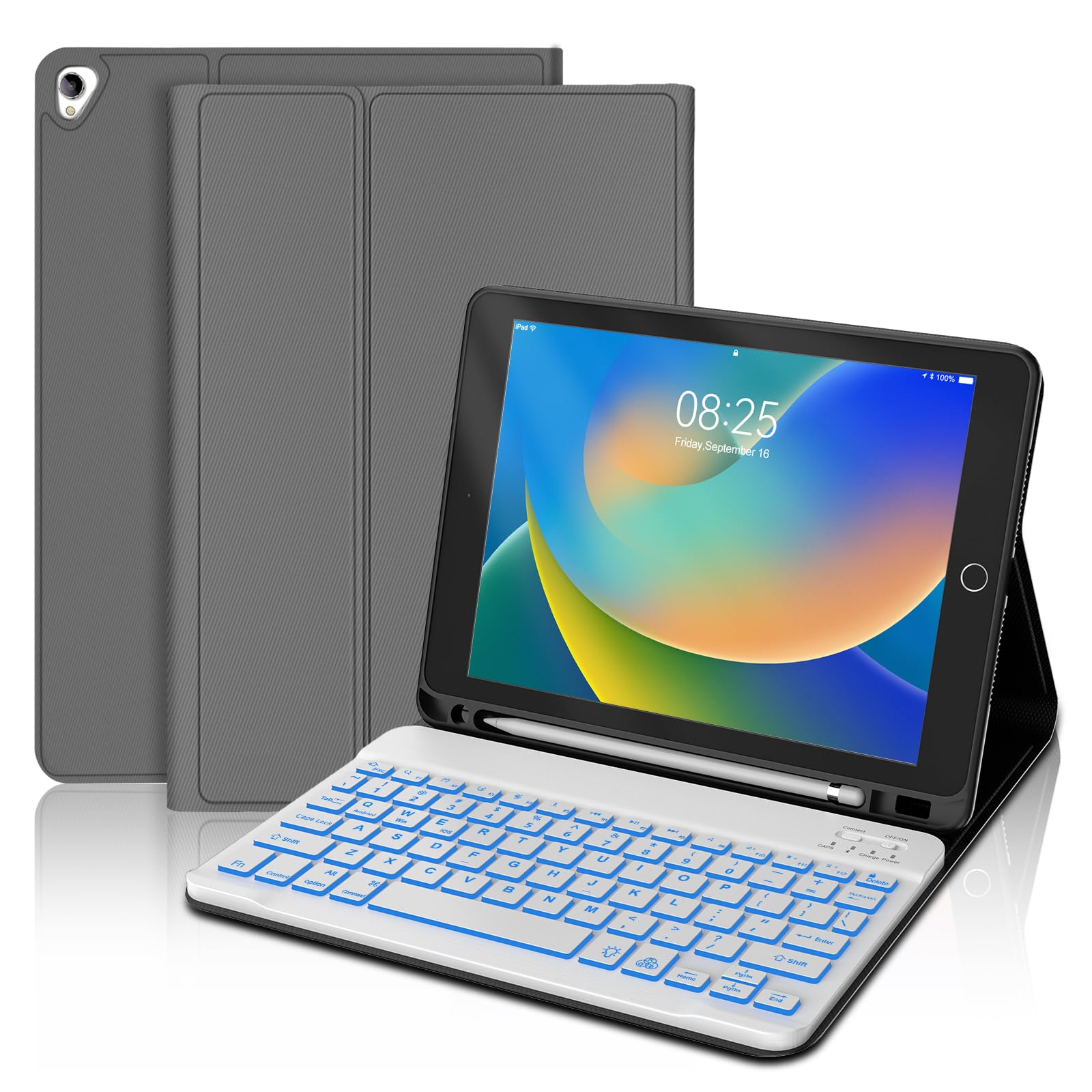BORIYUAN Keyboard Case for iPad 9th/8th/7th Generation, Detachable Wireless Keyboard with 7 Colors Backlit, Smart Folio Cover with Pencil Holder for iPad 10.2"/iPad Air 3rd Gen/iPad Pro 10.5" Grey