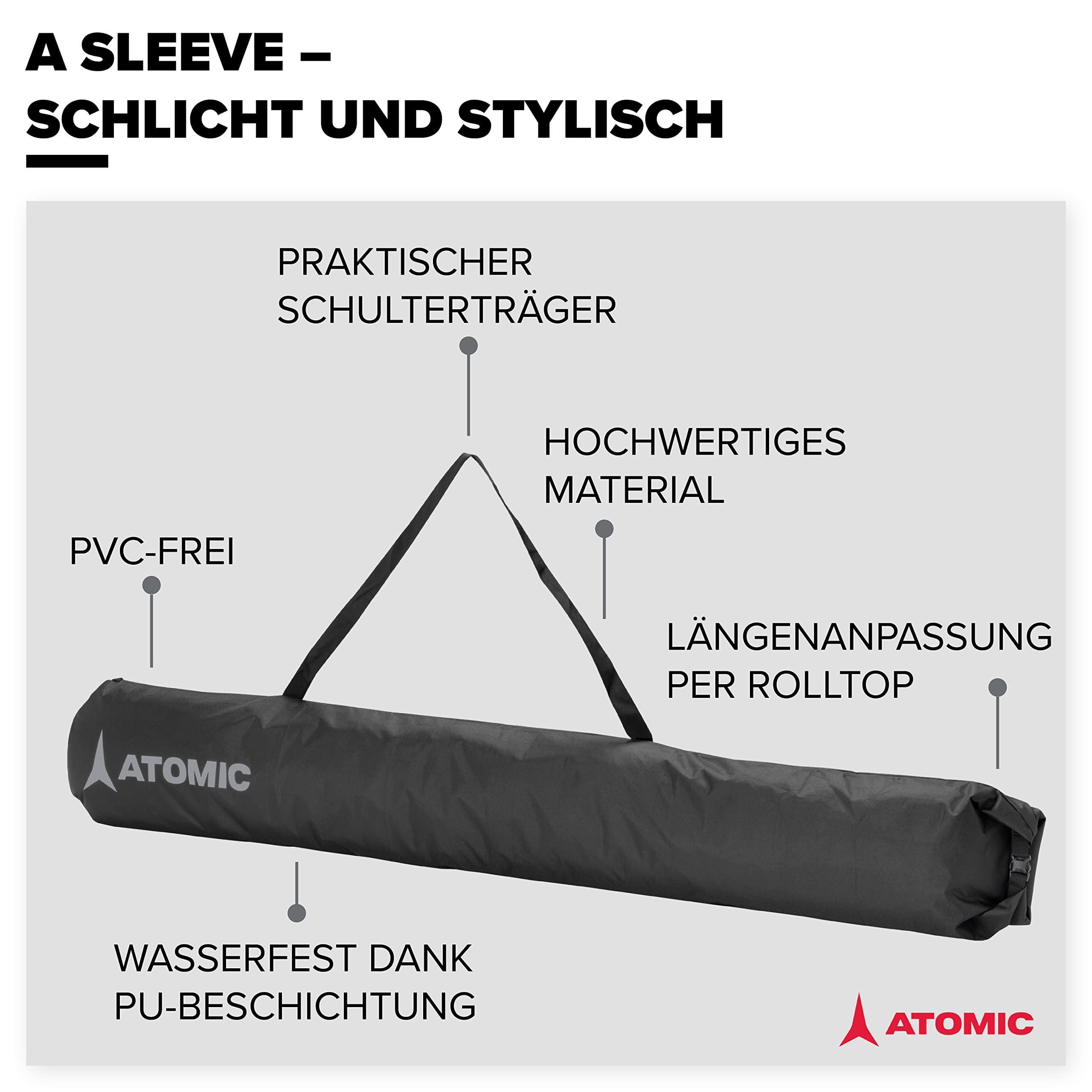 Sac De Ski Atomic A Sleeve – Longueur 205 Cm, Réglable, Sans PVC, Bandoulière Incluse – Protection Compacte Pour Skis Et Bâtons