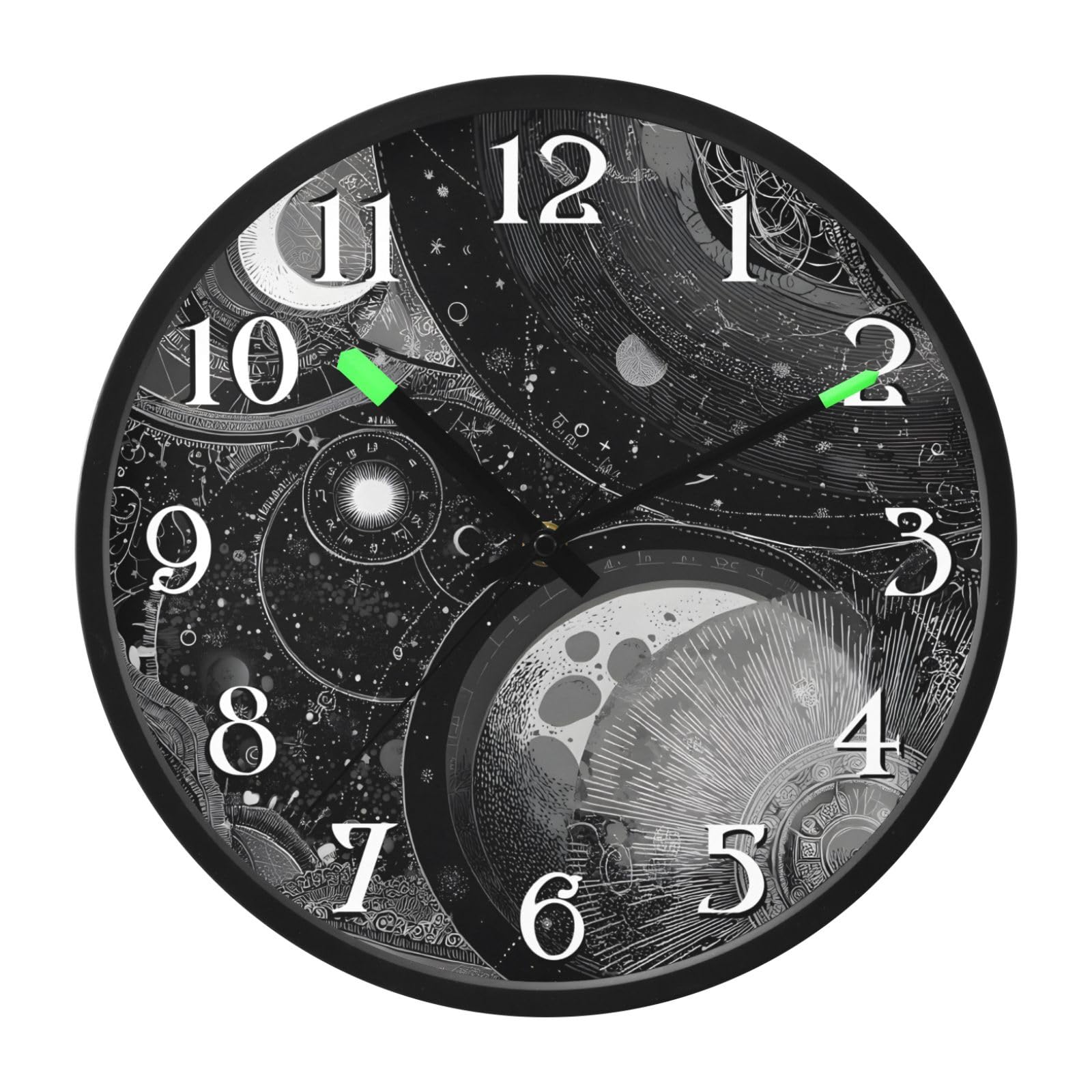 Mnsruu Reloj de pared con diseño de luna y tierra, astrología, luminoso, funciona con pilas, silencioso, brilla en la oscuridad, para sala de estar, cocina, 12 pulgadas