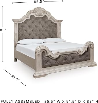 Signature Design by Ashley King Upholstered Panel Bed, Antique White | Tall 83-in tufted polyester headboard, Hardwood solids with oak and ash swirl veneers and engineered wood, Valleymont Series