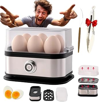 Smart Egg Cooker with Auto Shut, Rapid Stainless Steel Egg Cooker, Egg Steamer Electric, 6 Eggs Capacity, Hard, Medium, Soft Boiled Egg Poacher, Multi-function Knob Controled 1