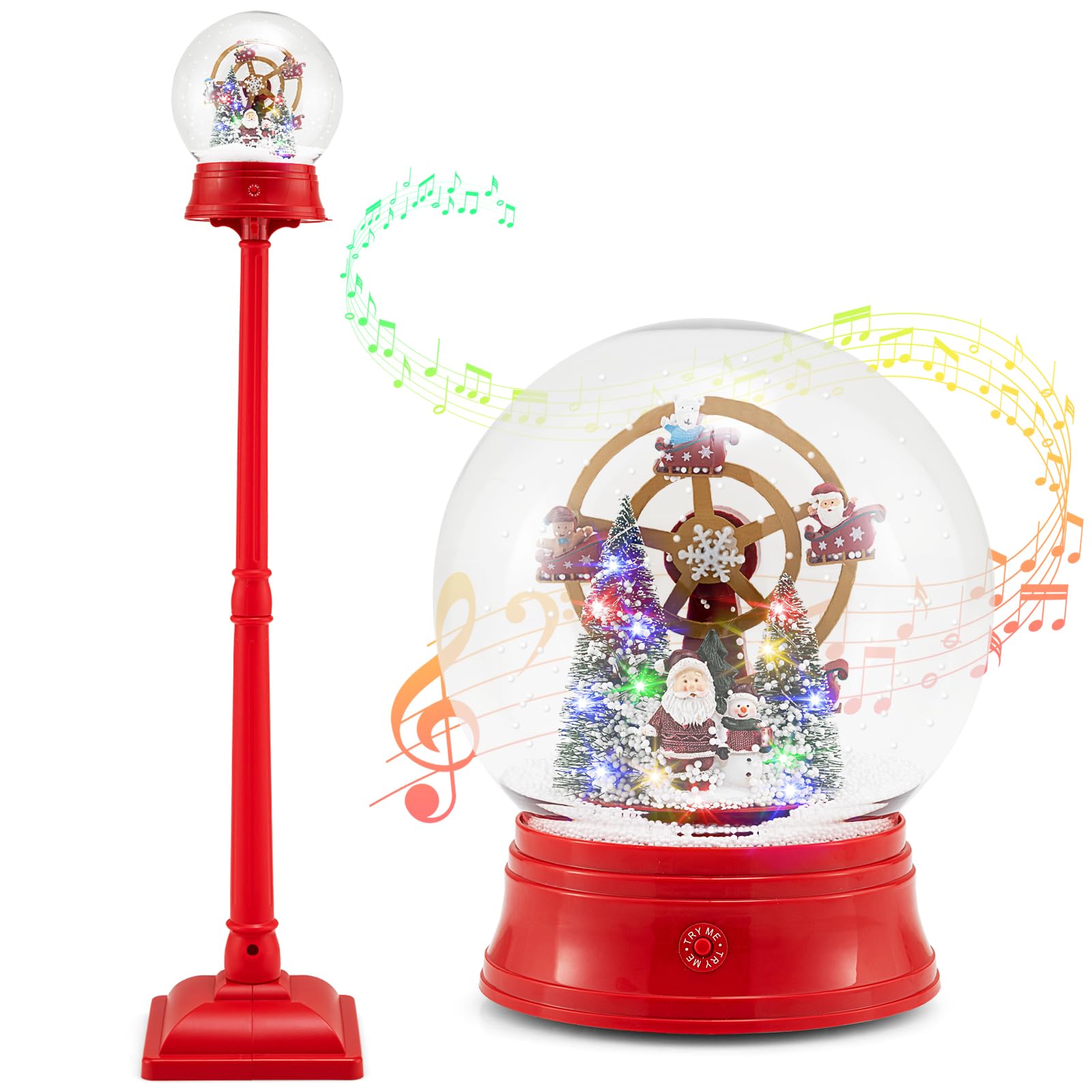 COSTWAY Farola Navideña Musical de 153 cm, Lámpara Globo de Nieve con 8 Tonos, Escena Giratoria, 15 Luces LED Coloridas, Adornos de Navidad de Lámpara de Pie para Entrada, Chimenea, Impermeable
