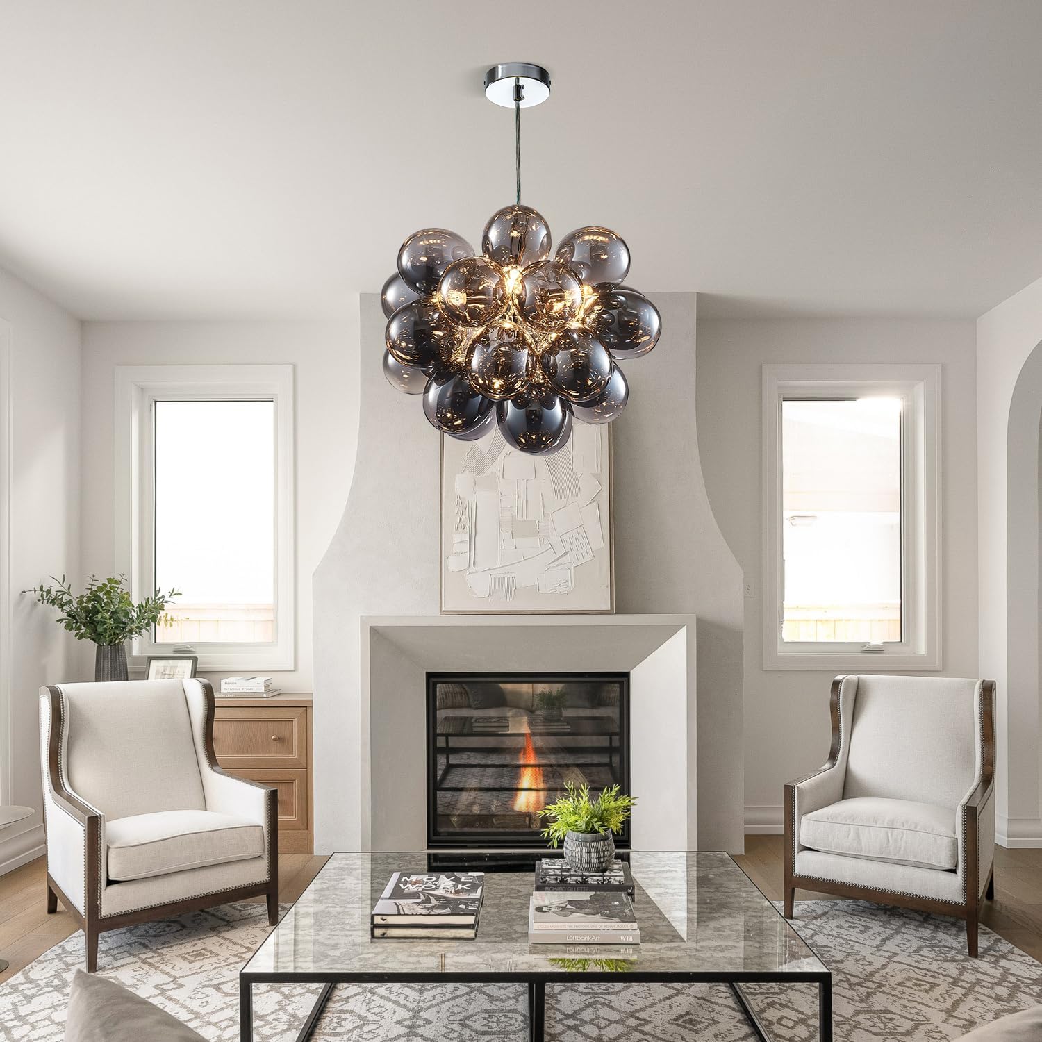 Smoky Gray 1 Pcs 16 Ihch Glass Globe Bubble Chandelier Modern LED Pendant Ceiling Light Glass Lampshade Black Over Kitchen Table Light Fixtures for Dinning Room Living Room Bedroom