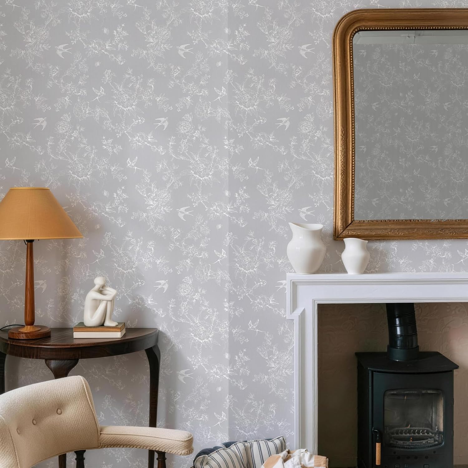 Simon&Siff Grey and White Wallpaper Peel and Stick Vintage Floral Birds Contact Paper Removable Self Adhesive Wall Paper for Bedroom Cabinets Decor 480" x 17.3"